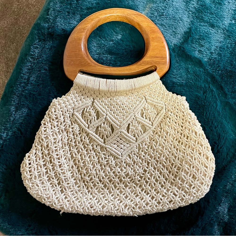 Macrame Cream Handbag with Wooden Handle